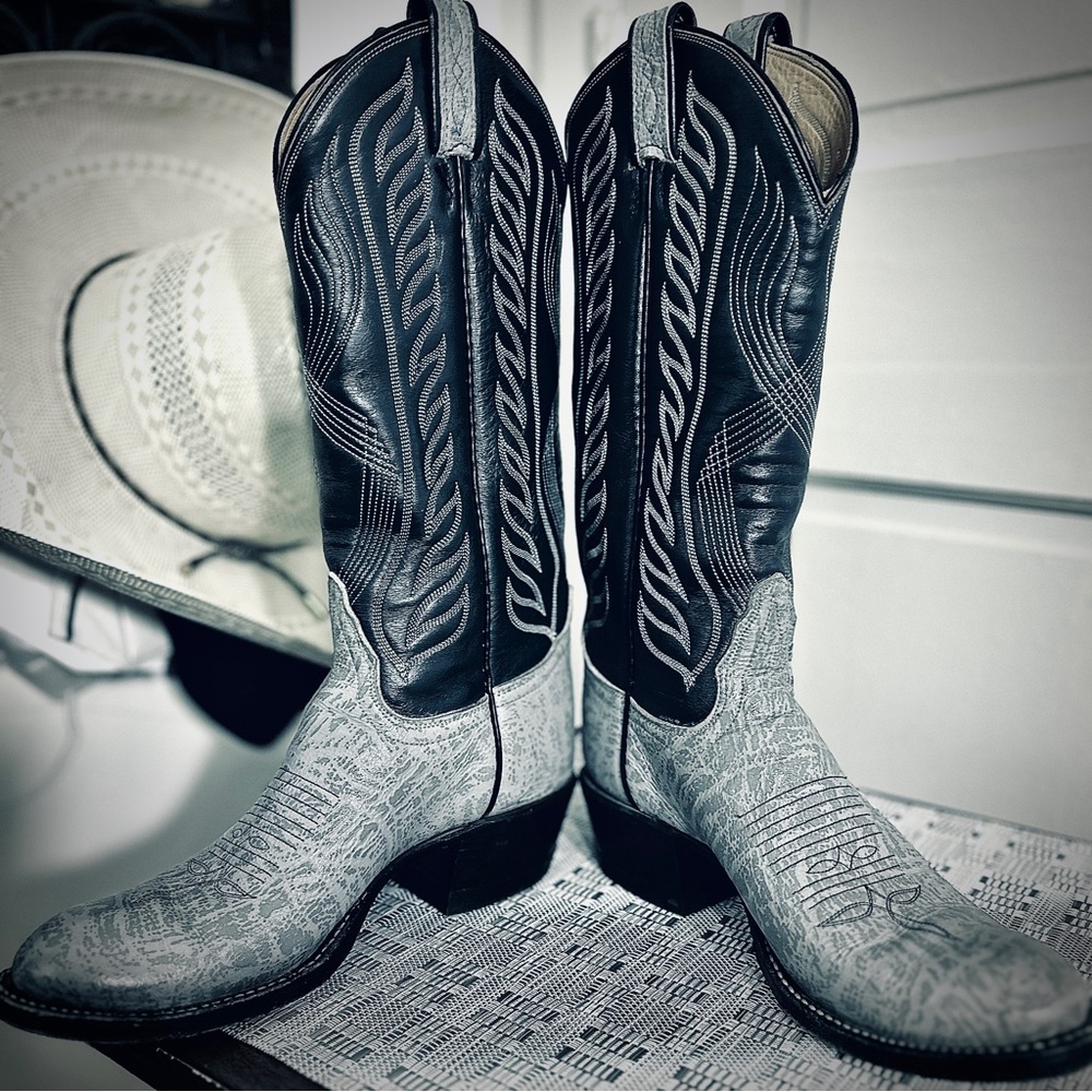 VTG Tony Lama Men's 13”5.5A,Gold Label Blue/grayLeather Cowboy Western Boots W:7 - Picture 6 of 14